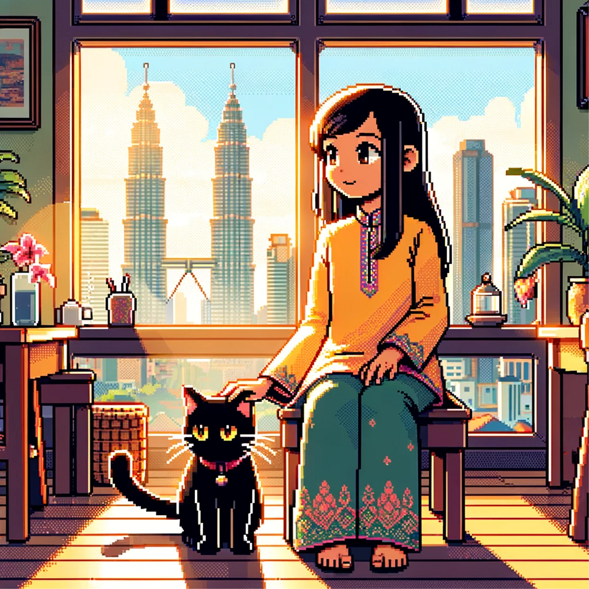 Photo of a Malaysian girl wearing a baju kurung, sitting inside a cafe with her cat.